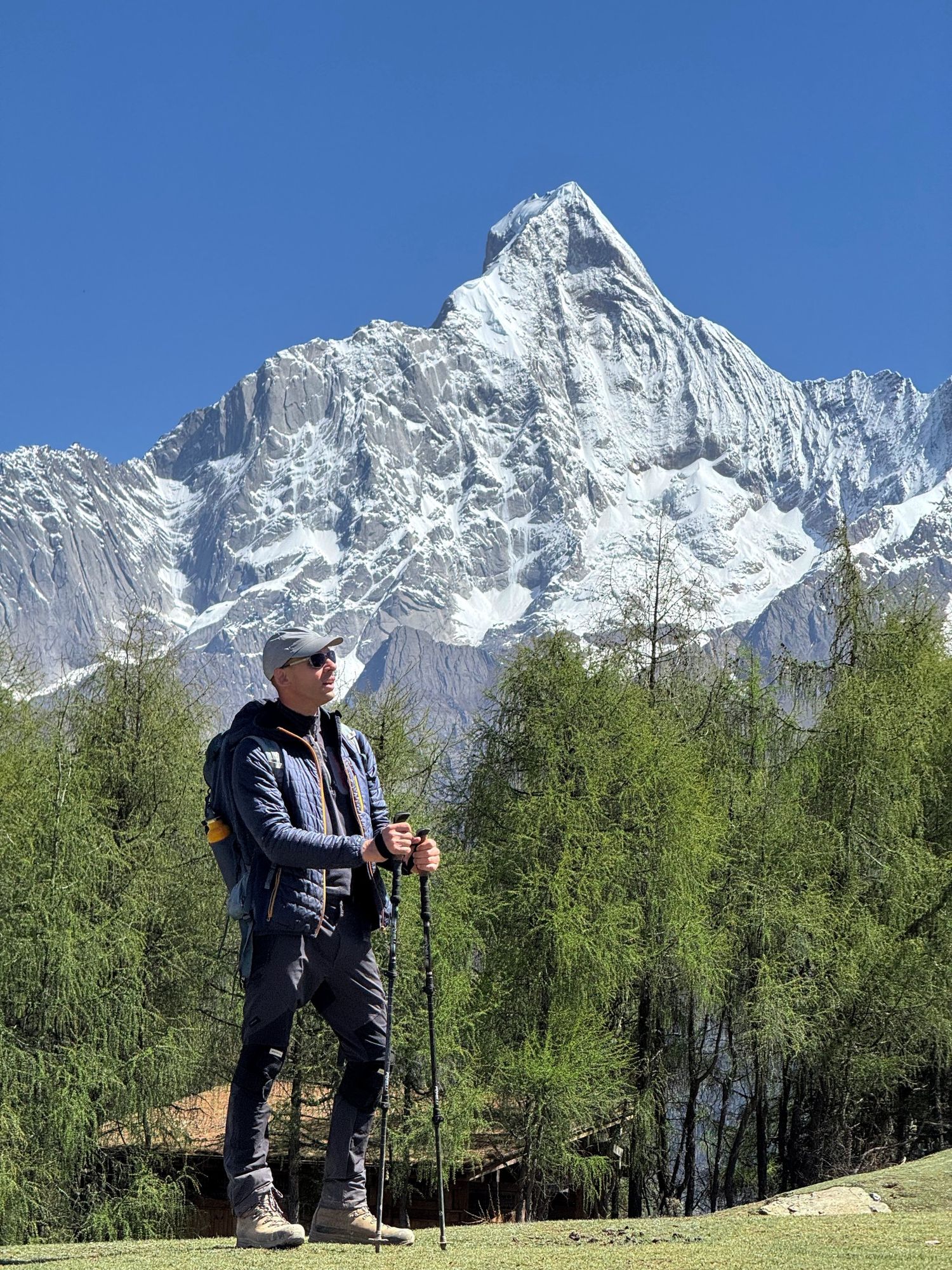 A hiker with trekking poles stands in a larch meadow in Siguniang Mountain Scenic Area, with a snow-covered peak behind.